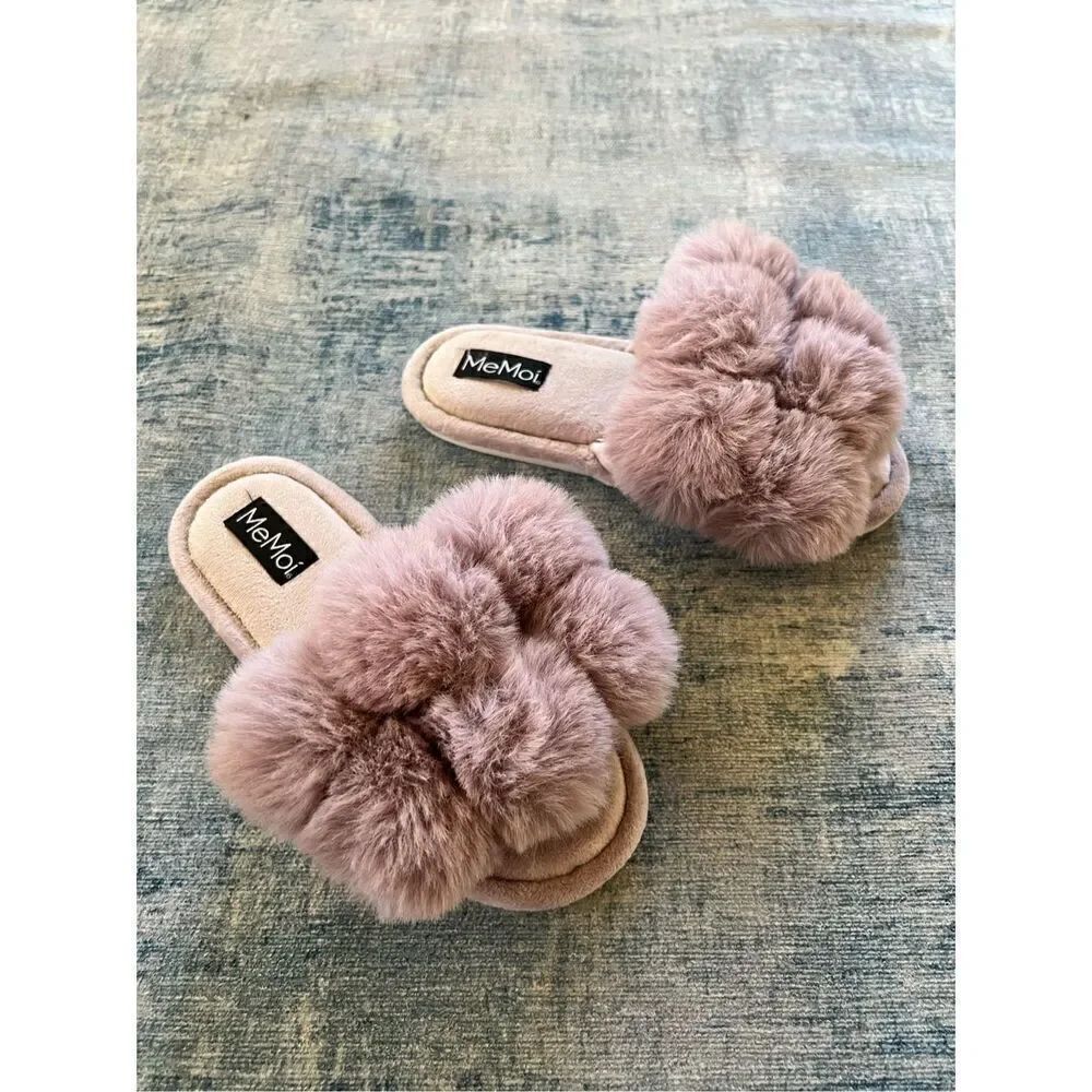 MeMoi Lavender Luxe Pom Pom Memory Foam Plush Slippers Medium Sizes 7 - 8